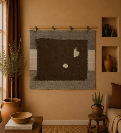 3x4 Handmade Wool Tapestry Rug, Brown Minimalist Textile Wall Hanging, Fiber Art Decor