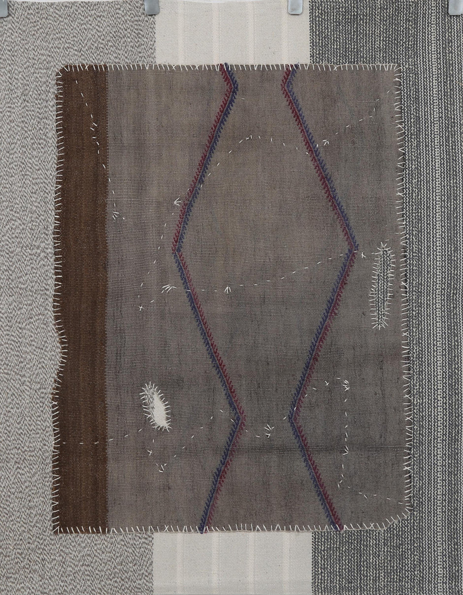3x4 Handmade Wool Hemp Tapestry Rug, Neutral Geometric Textile Wall Hanging, Rustic Fiber Art Decor
