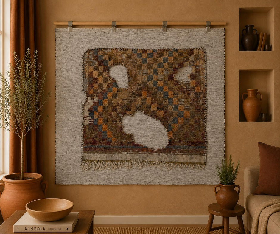 3x4 Handmade Wool Tapestry Rug, Abstract Textile Wall Hanging, Rustic Fiber Art Decor