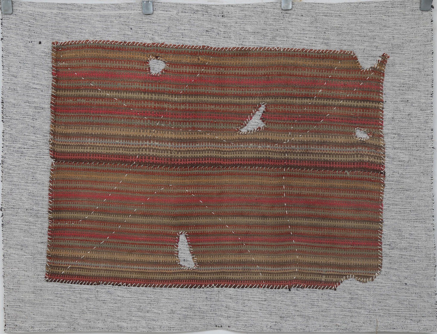 3x4 Handmade Wool Tapestry Rug, Aged Striped Textile Wall Hanging, Rustic Fiber Art Decor
