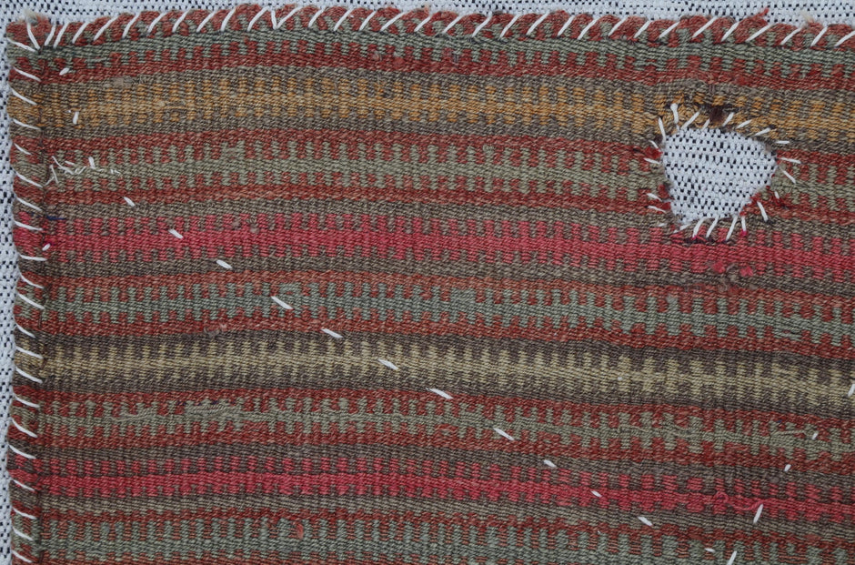3x4 Handmade Wool Tapestry Rug, Aged Striped Textile Wall Hanging, Rustic Fiber Art Decor
