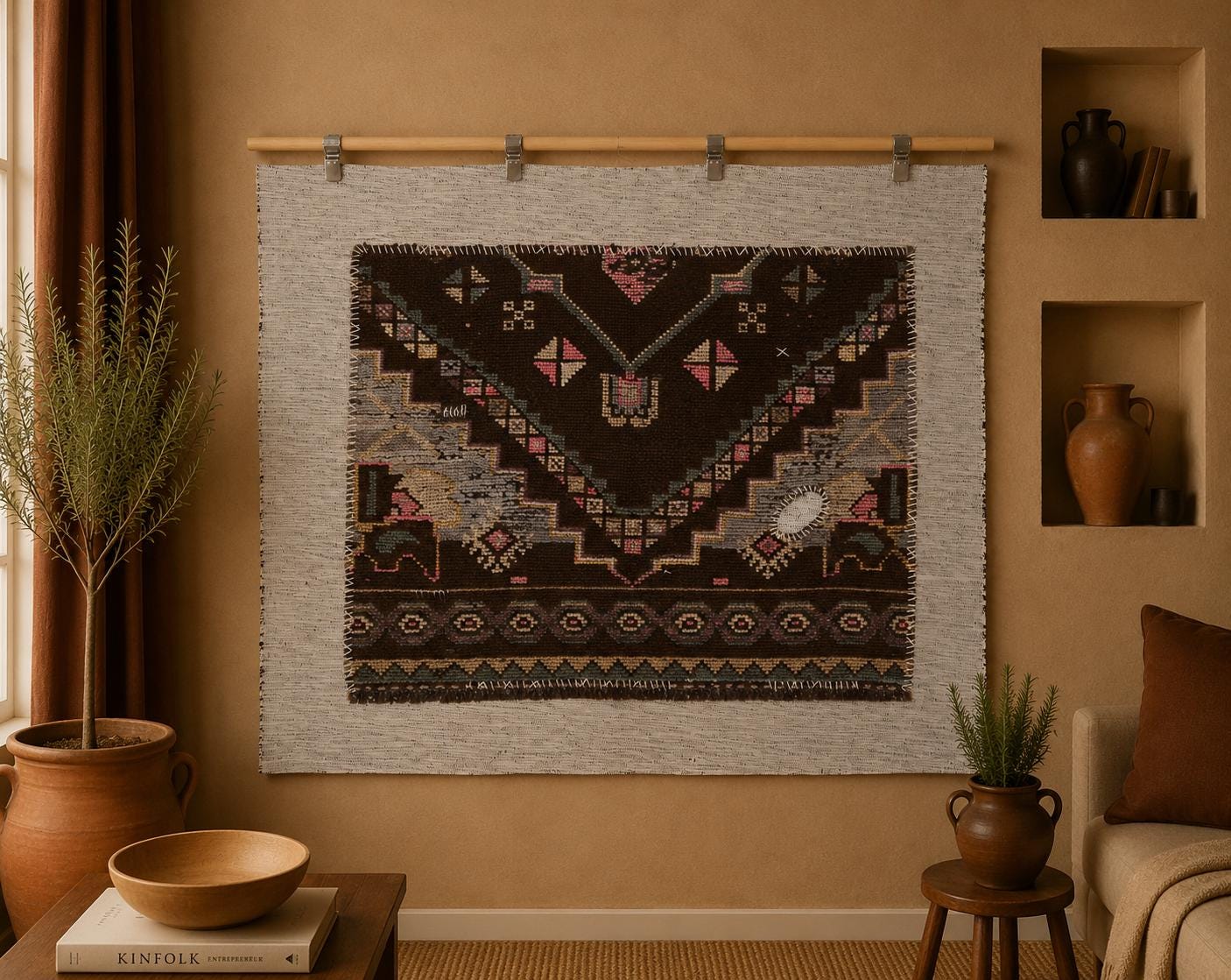 3x4 Handmade Wool Tapestry Rug, Brown Tribal Textile Wall Hanging, Rustic Fiber Art Decor