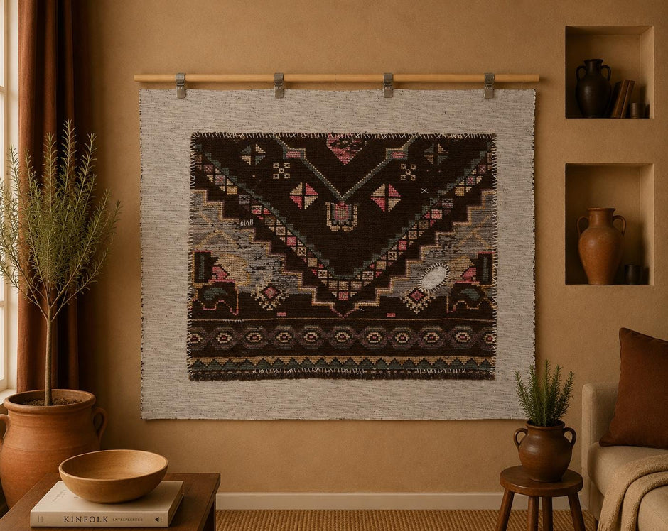 3x4 Handmade Wool Tapestry Rug, Brown Tribal Textile Wall Hanging, Rustic Fiber Art Decor