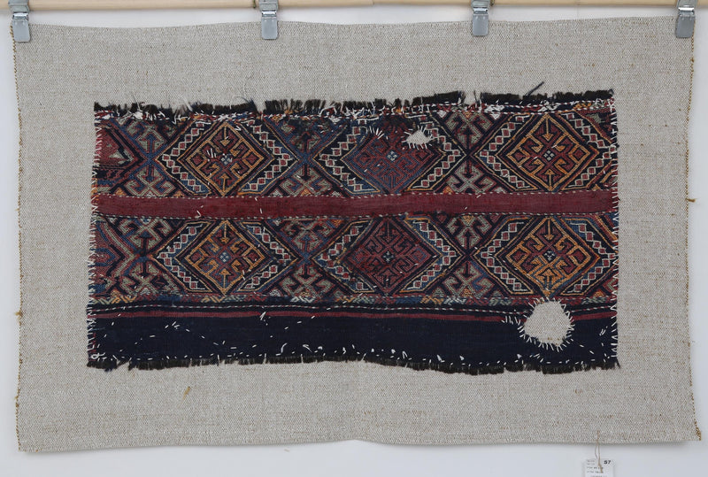 Vintage Turkish Tapestry Rug, Blue Red Geometric Wall Hanging (2'9" x 4'6")