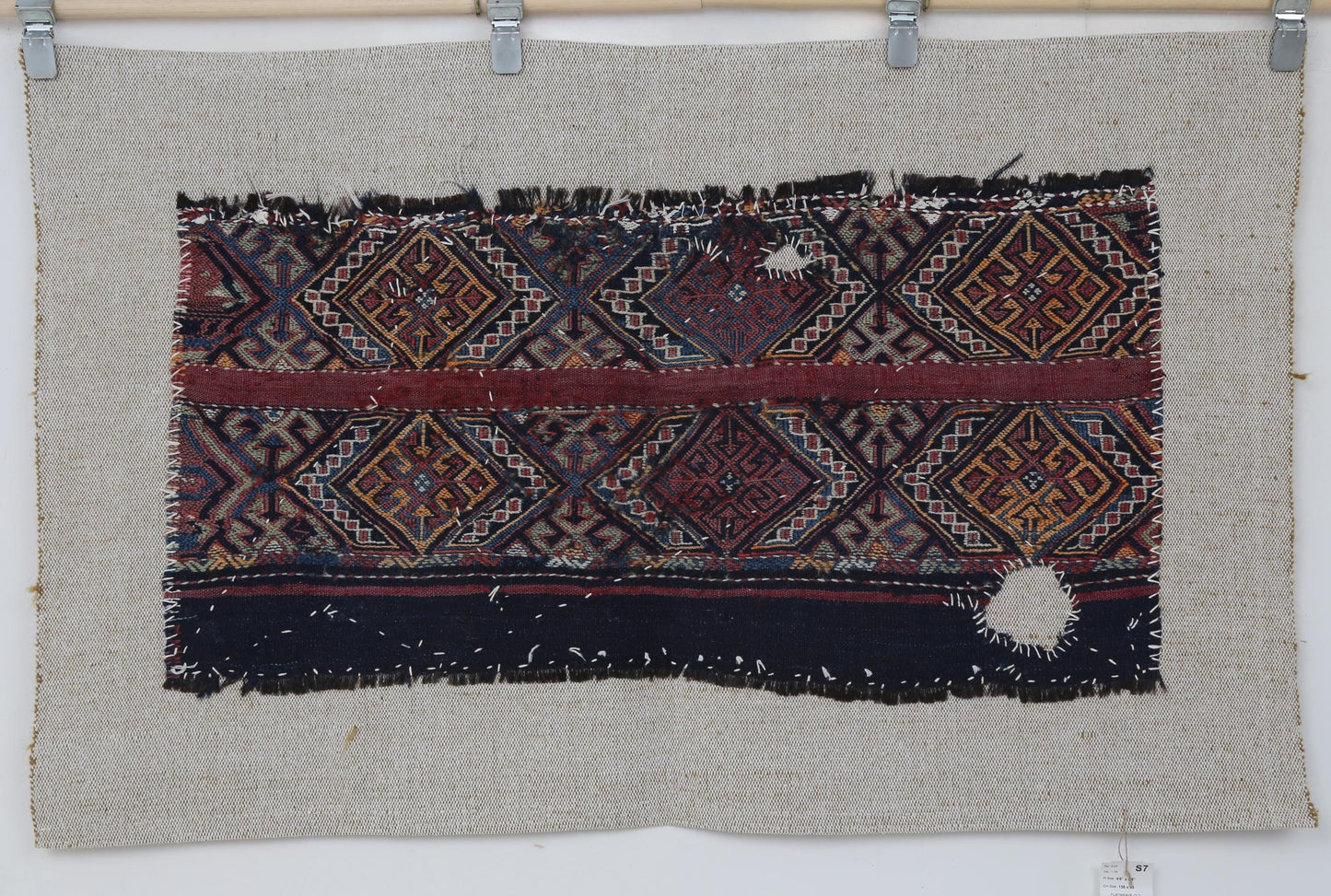 4x2 Handmade Wool Tapestry Rug, Tribal Textile Wall Hanging, Blue Red Fiber Art Decor