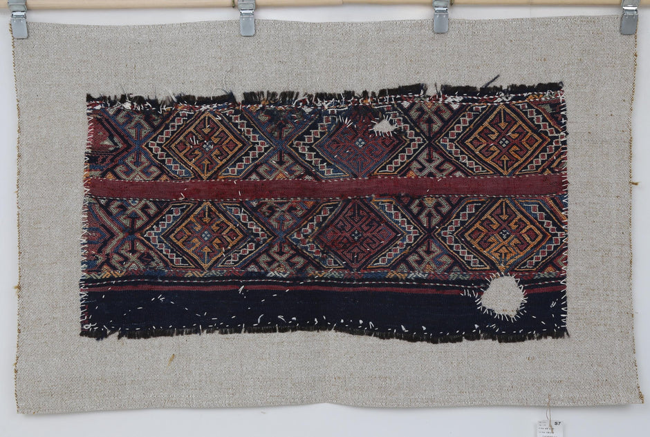 4x2 Handmade Wool Tapestry Rug, Tribal Textile Wall Hanging, Blue Red Fiber Art Decor