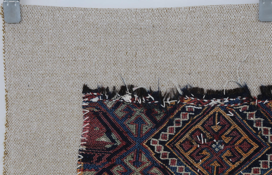 4x2 Handmade Wool Tapestry Rug, Tribal Textile Wall Hanging, Blue Red Fiber Art Decor