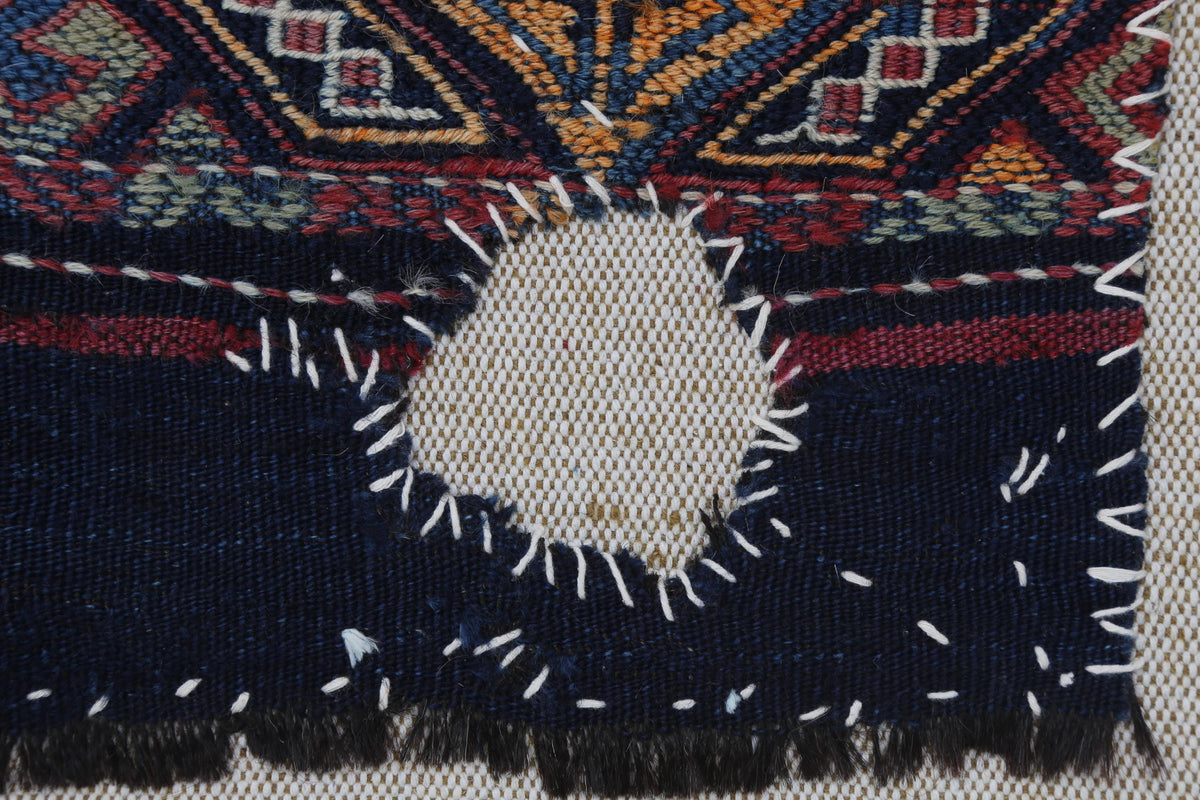 4x2 Handmade Wool Tapestry Rug, Tribal Textile Wall Hanging, Blue Red Fiber Art Decor