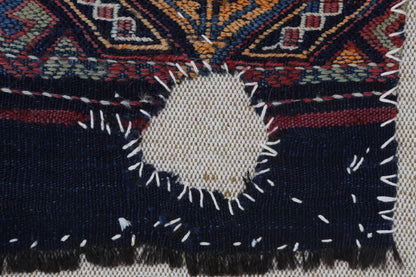 4x2 Handmade Wool Tapestry Rug, Tribal Textile Wall Hanging, Blue Red Fiber Art Decor