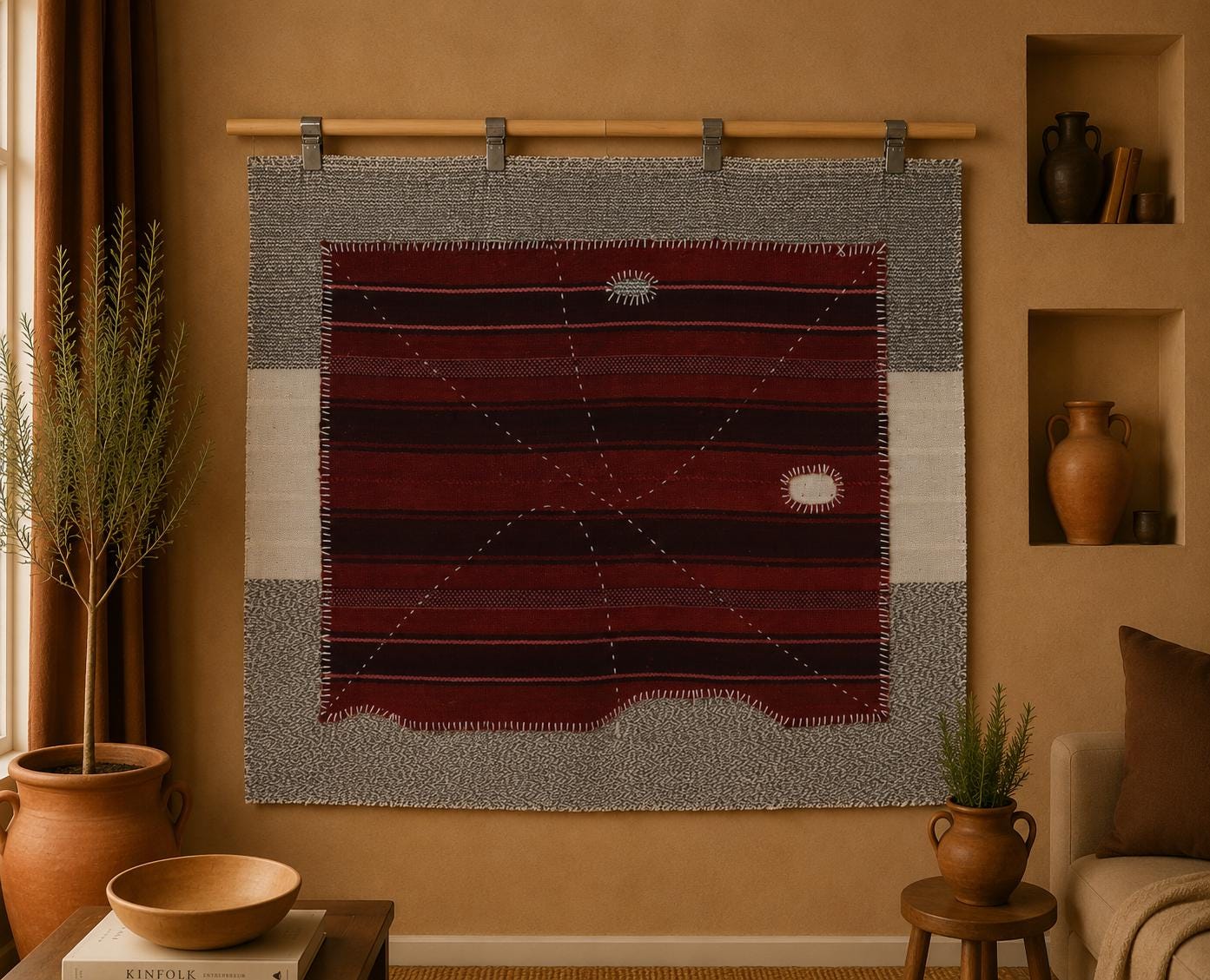 3x4 Handmade Wool Tapestry Rug, Red Striped Textile Wall Hanging, Rustic Fiber Art Decor