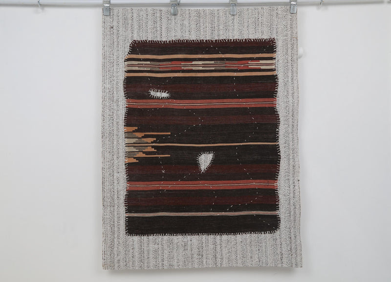 Vintage Turkish Tapestry Rug, Brown Striped Wall Hanging (3'5" x 4'6")