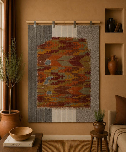 3x4 Handmade Wool Tapestry Rug, Orange Tribal Textile Wall Hanging, Geometric Fiber Art Decor