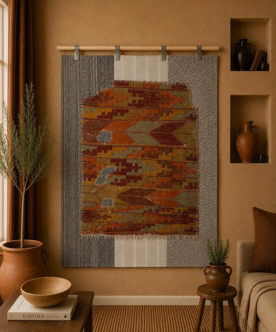 3x4 Handmade Wool Tapestry Rug, Warm Orange Tribal Textile Wall Hanging, Geometric Fiber Art Decor