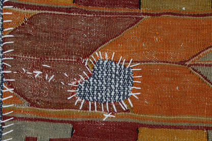 3x4 Handmade Wool Tapestry Rug, Orange Tribal Textile Wall Hanging, Geometric Fiber Art Decor