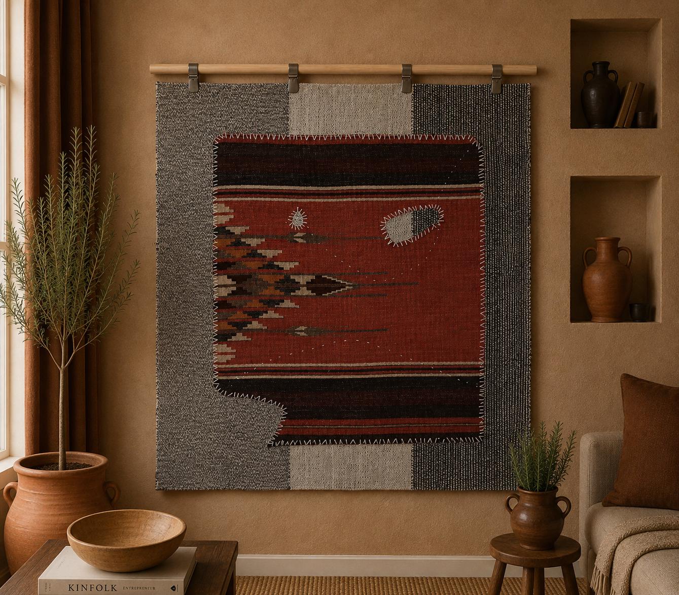 3x4 Handmade Wool Tapestry Rug, Red Tribal Textile Wall Hanging, Rustic Fiber Art Decor