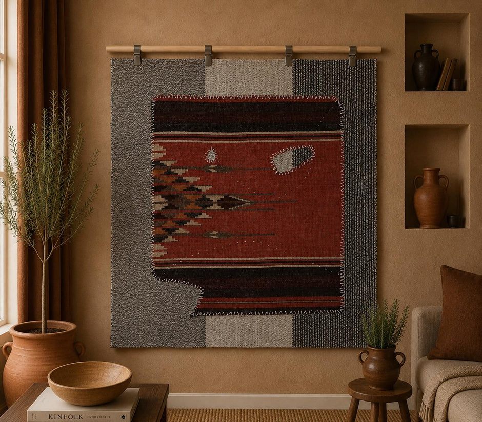 3x4 Handmade Wool Tapestry Rug, Red Tribal Textile Wall Hanging, Rustic Fiber Art Decor
