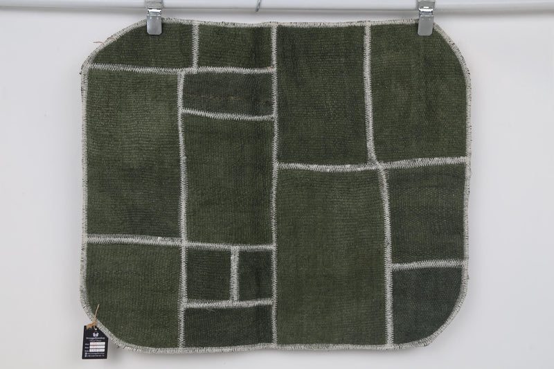 Vintage Turkish Patchwork Tapestry Rug, Olive Green Grid (2'4" x 2'9")