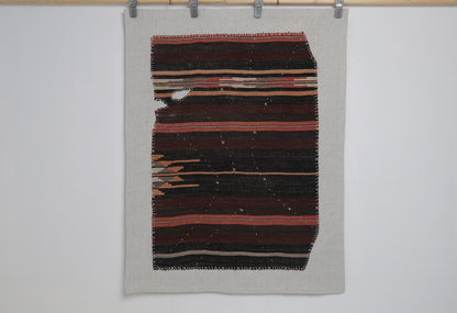 3x4 Vintage Turkish Tapestry Rug, Dark Brown Burgundy Striped Wool Cotton Textile, Woven Wall Art