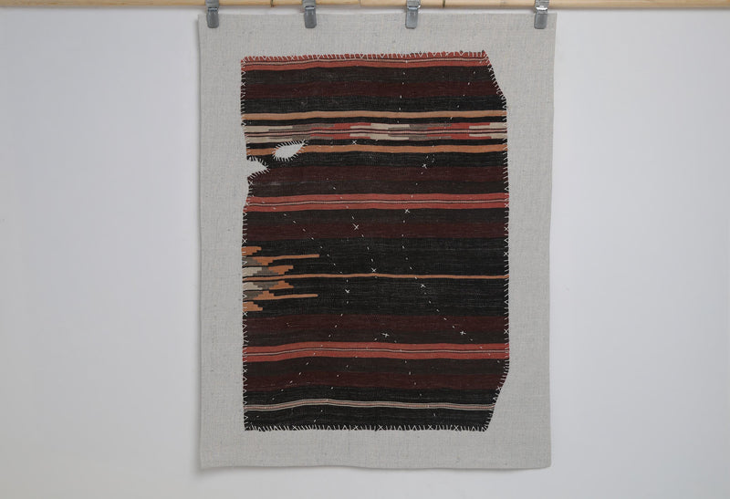 Vintage Turkish Tapestry Rug, Brown Burgundy Striped (3'4" x 4'3")