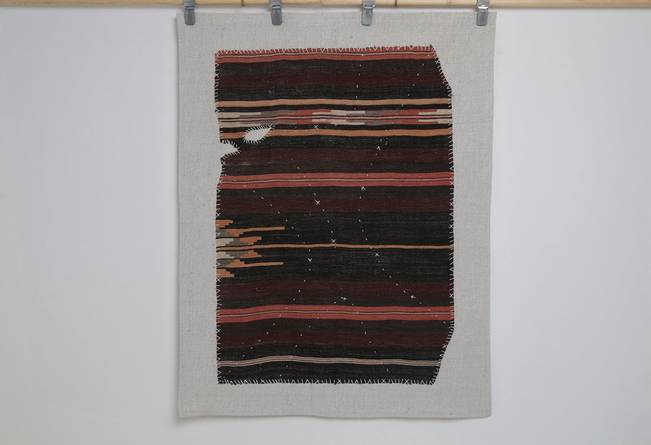 3x4 Vintage Turkish Tapestry Rug, Dark Brown Burgundy Striped Wool Cotton Textile, Woven Wall Art