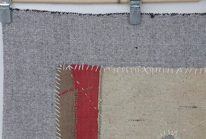 3x4 Beige Wool Tapestry Rug, Minimalist Abstract Textile Wall Hanging, Modern Fiber Art Decor