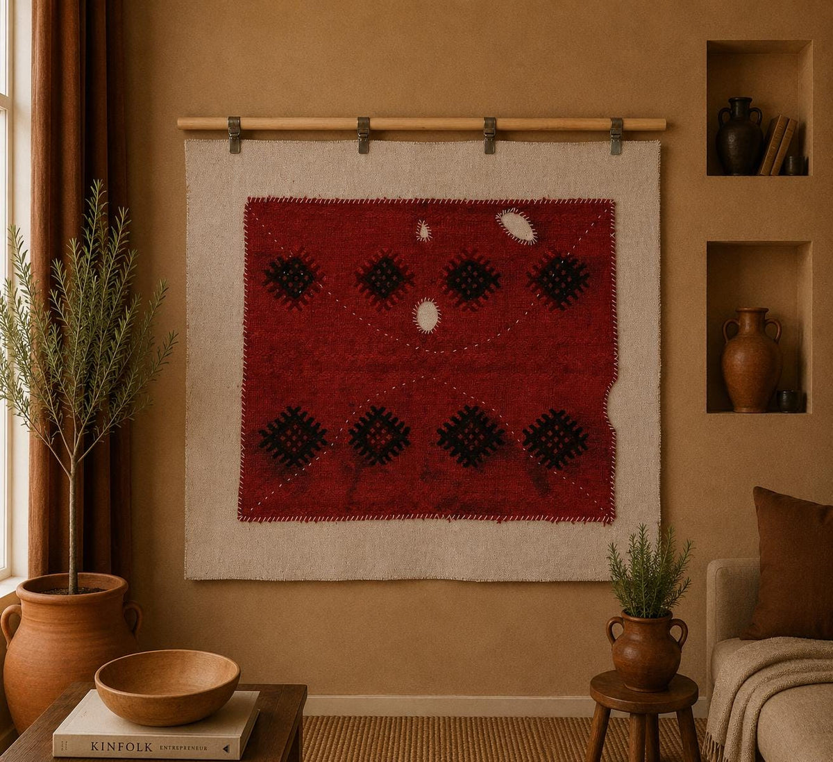3x4 Red Wool Tapestry Rug, Geometric Textile Wall Hanging, Handmade Fiber Art Decor