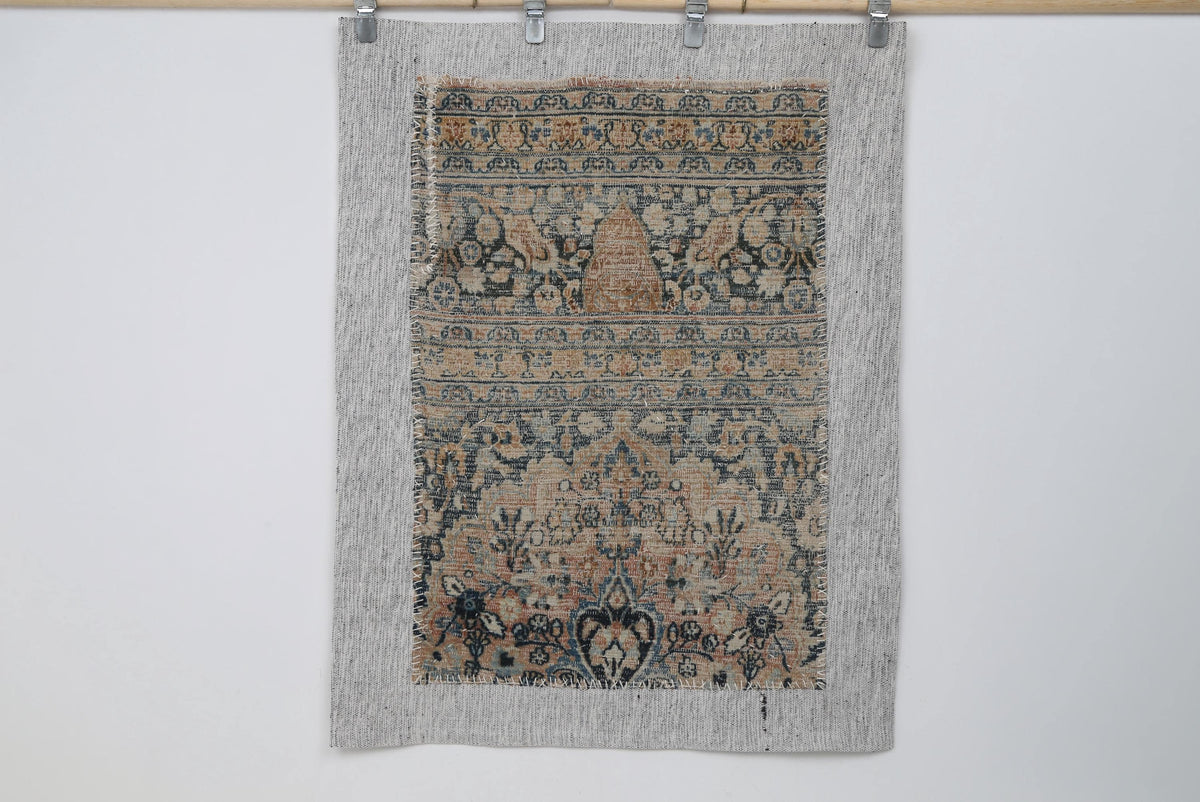 3x4 Vintage Turkish Tapestry Rug, Beige Blue Traditional Wool Textile, Antique Style Woven Wall Art