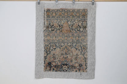 3x4 Vintage Turkish Tapestry Rug, Beige Blue Traditional Wool Textile, Antique Style Woven Wall Art