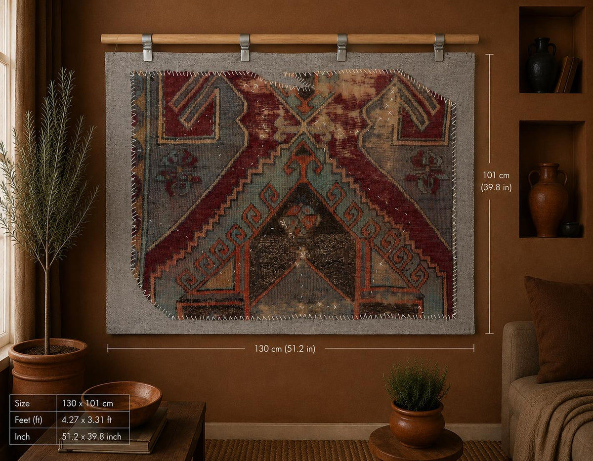 3x4 Vintage Turkish Tapestry Rug, Faded Red Blue Geometric Wool Textile, Woven Wall Art