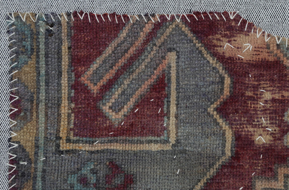 3x4 Vintage Turkish Tapestry Rug, Faded Red Blue Geometric Wool Textile, Woven Wall Art