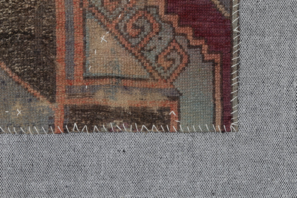3x4 Vintage Turkish Tapestry Rug, Faded Red Blue Geometric Wool Textile, Woven Wall Art