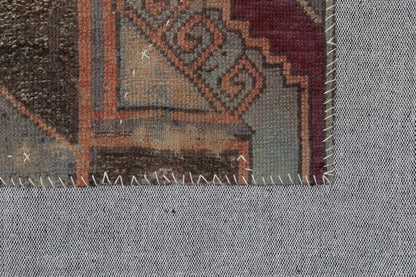 3x4 Vintage Turkish Tapestry Rug, Faded Red Blue Geometric Wool Textile, Woven Wall Art