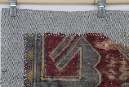 3x4 Vintage Turkish Tapestry Rug, Faded Red Blue Geometric Wool Textile, Woven Wall Art