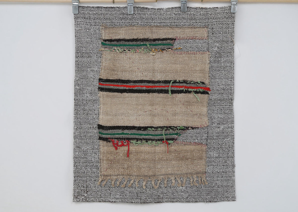 3x4 Wool Tapestry Rug, Neutral Striped Textile Wall Hanging, Handmade Rustic Fiber Art