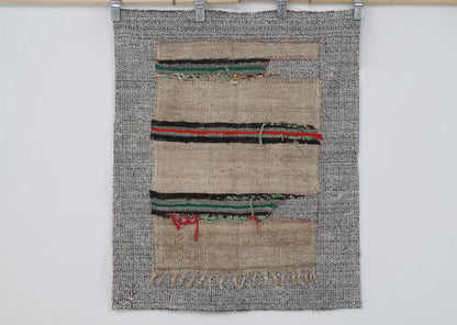 3x4 Wool Tapestry Rug, Neutral Striped Textile Wall Hanging, Handmade Rustic Fiber Art