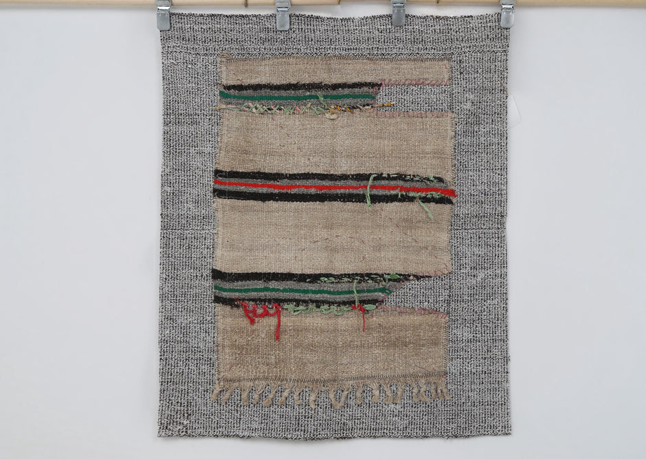 3x4 Wool Tapestry Rug, Neutral Striped Textile Wall Hanging, Handmade Rustic Fiber Art