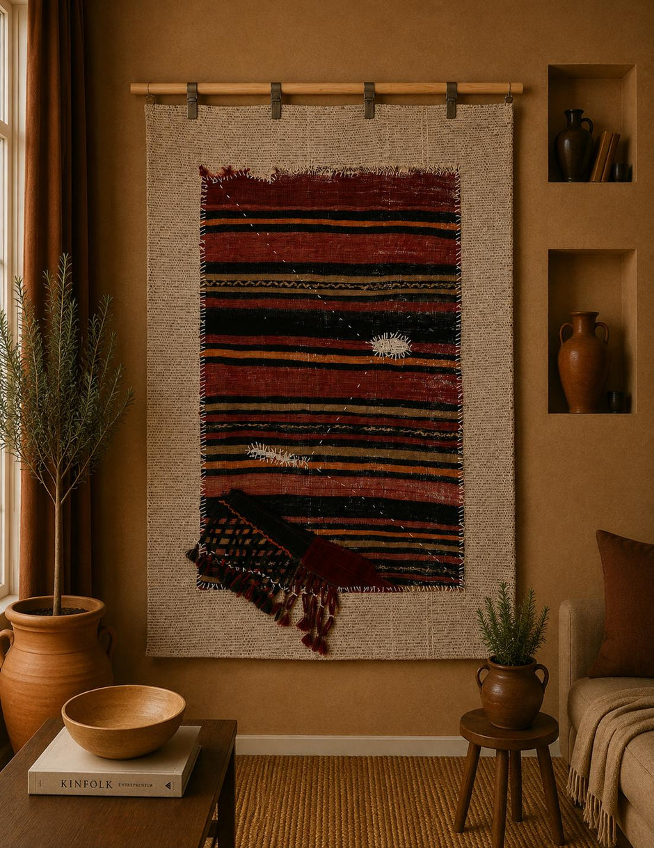 3x4 Wool Tapestry Rug, Red Black Striped Textile Wall Hanging, Rustic Woven Fiber Art
