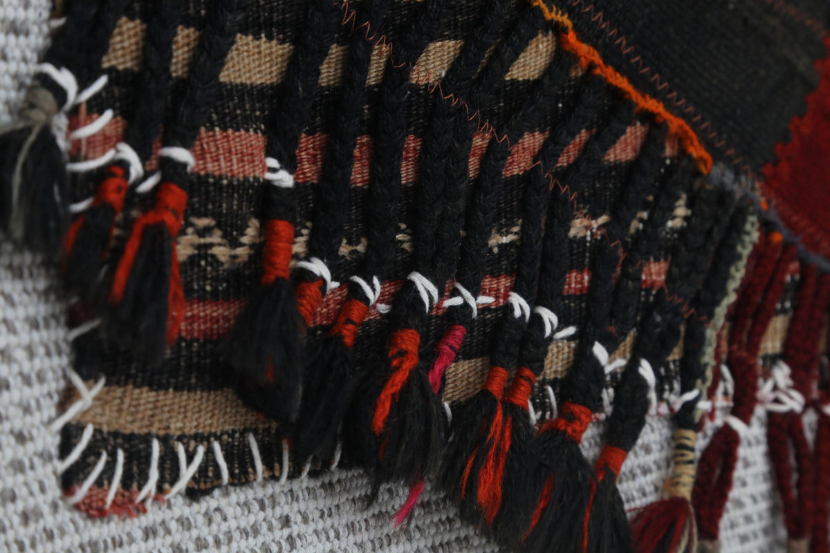 3x4 Wool Tapestry Rug, Red Black Striped Textile Wall Hanging, Rustic Woven Fiber Art