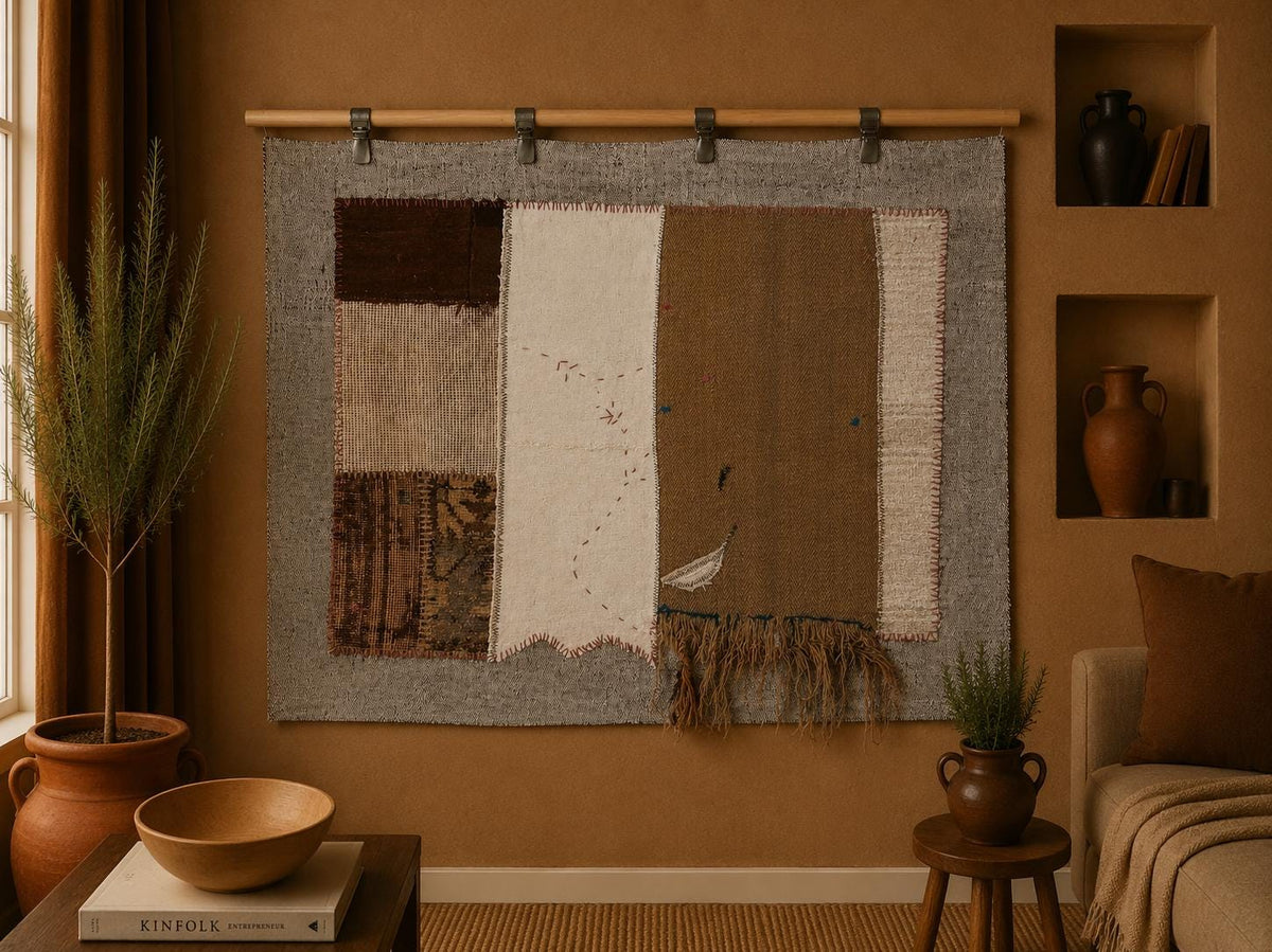 3x4 Wool Tapestry Rug, Neutral Patchwork Textile Wall Hanging, Brown Ivory Fiber Art Decor