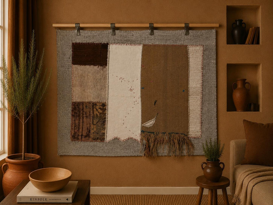 3x4 Wool Tapestry Rug, Neutral Patchwork Textile Wall Hanging, Brown Ivory Fiber Art Decor