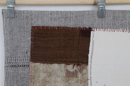 3x4 Wool Tapestry Rug, Neutral Patchwork Textile Wall Hanging, Brown Ivory Fiber Art Decor