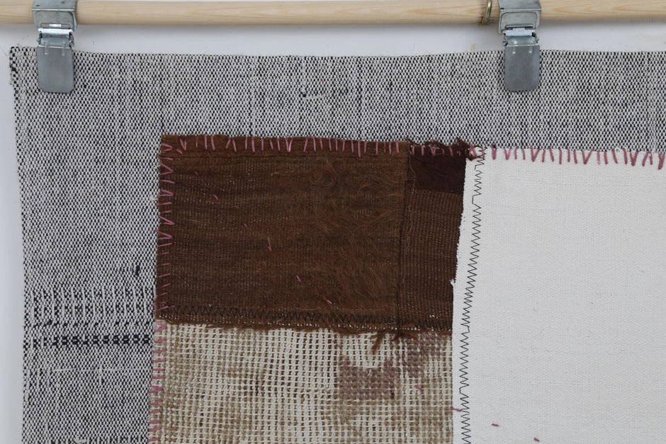 3x4 Wool Tapestry Rug, Neutral Patchwork Textile Wall Hanging, Brown Ivory Fiber Art Decor