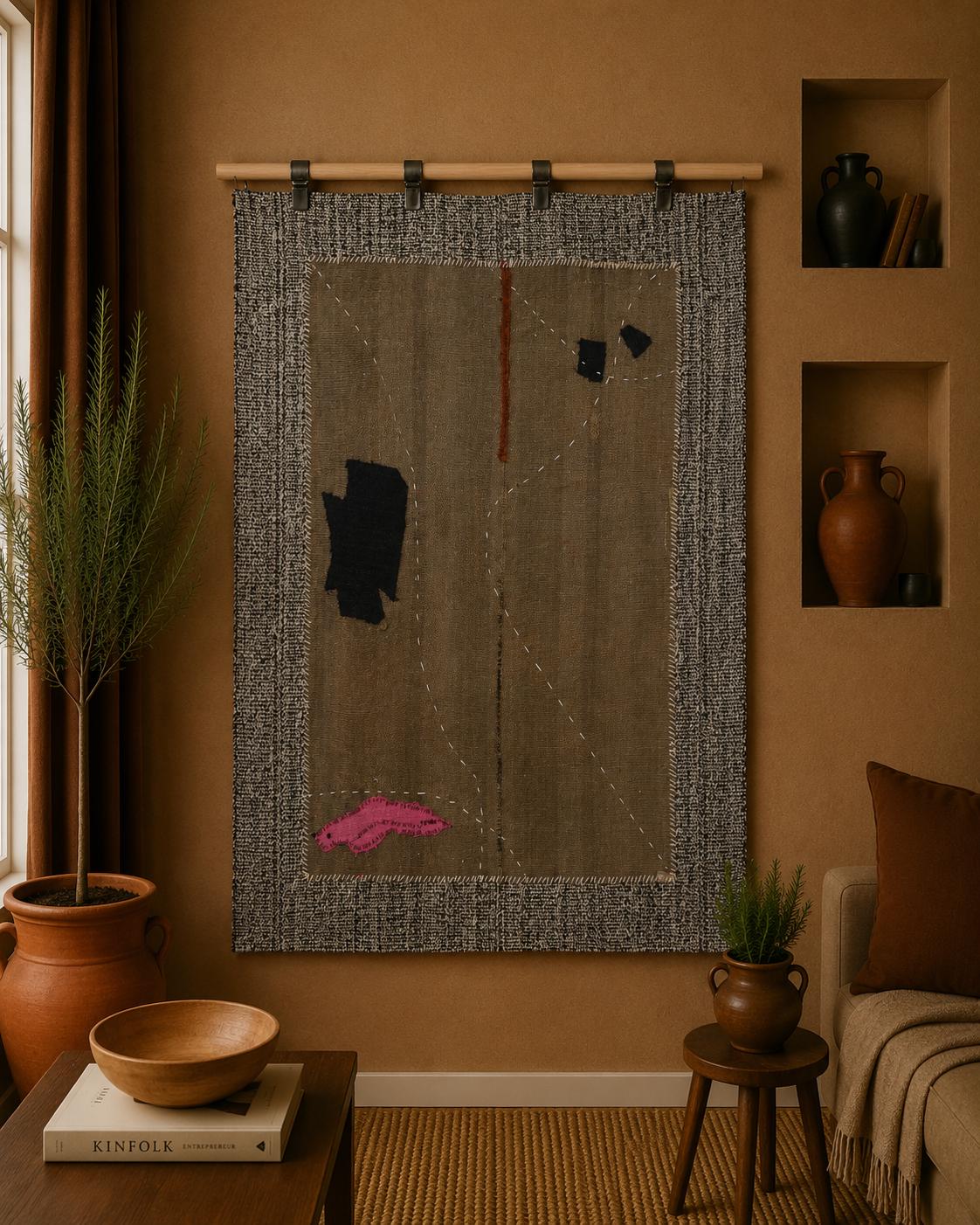 3x4 Wool Tapestry Rug, Brown Abstract Textile Wall Hanging, Minimalist Fiber Art Decor
