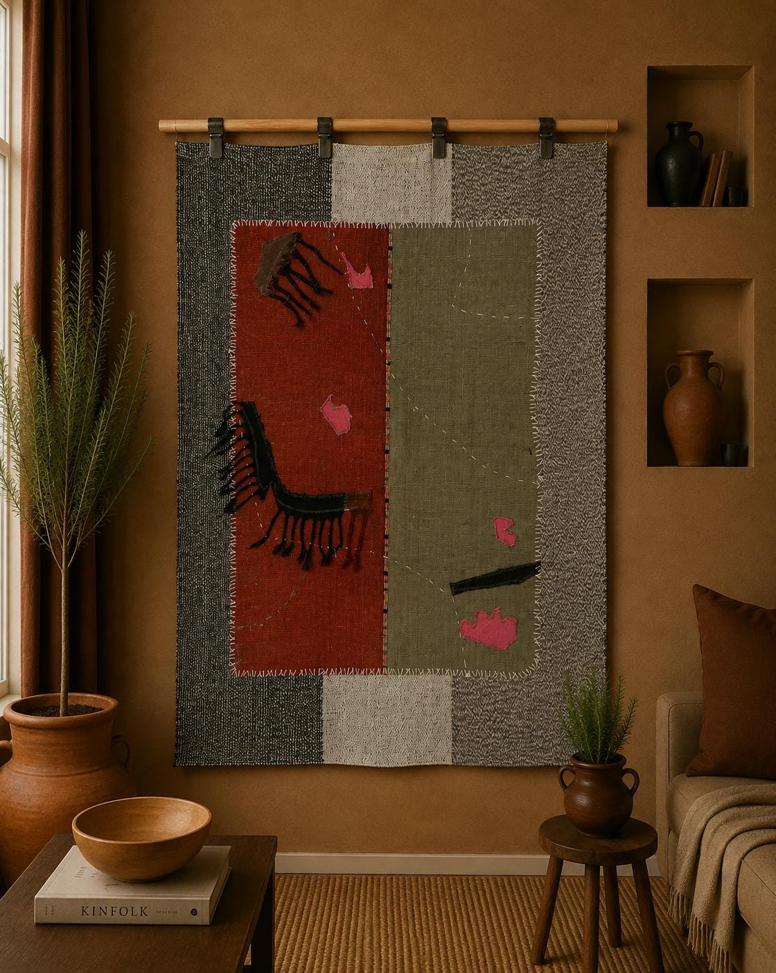 3x4 Wool Tapestry Rug, Rust Brown Abstract Textile Wall Hanging, Modern Fiber Art Decor