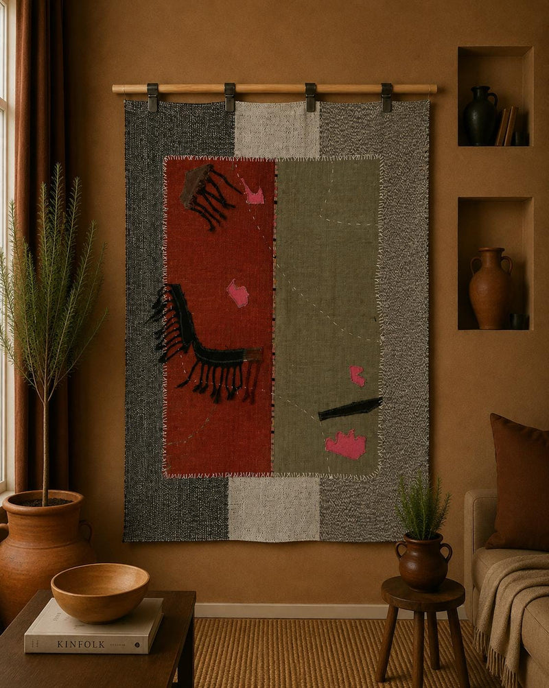 Vintage Turkish Tapestry Rug, Rust Brown Abstract Wall Hanging (3'6" x 4'4") - photo 1 of 10