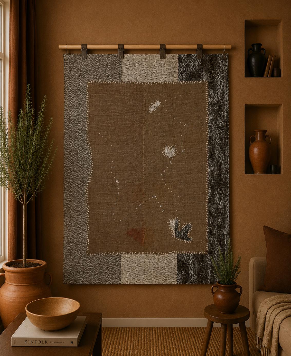 3x4 Wool Tapestry Rug, Brown Minimalist Textile Wall Hanging, Abstract Fiber Art Decor