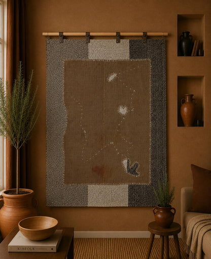 3x4 Wool Tapestry Rug, Brown Minimalist Textile Wall Hanging, Abstract Fiber Art Decor