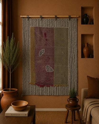 3x4 Wool Tapestry Rug, Brown Mauve Abstract Textile Wall Hanging, Minimalist Fiber Art Decor