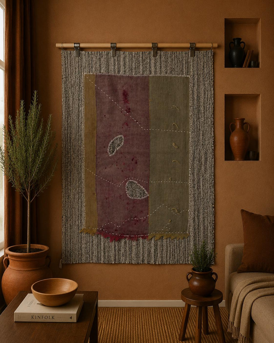 3x4 Wool Tapestry Rug, Brown Mauve Abstract Textile Wall Hanging, Minimalist Fiber Art Decor