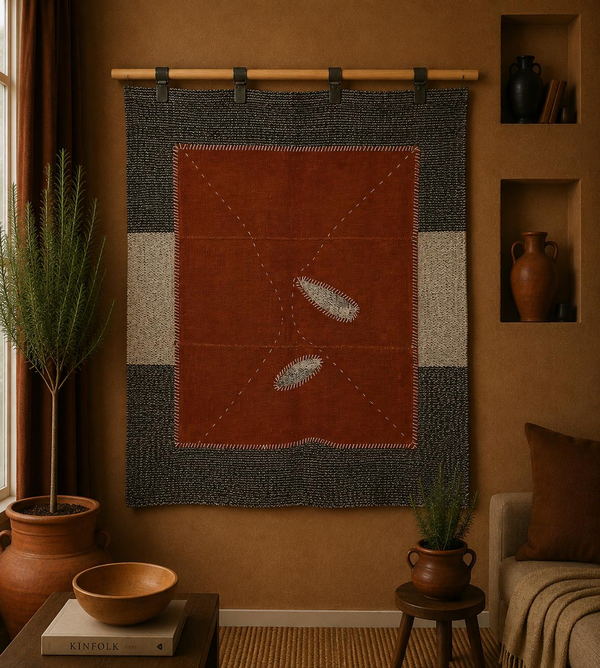3x4 Wool Tapestry Rug, Rust Brown Minimalist Textile Wall Hanging, Abstract Fiber Art Decor